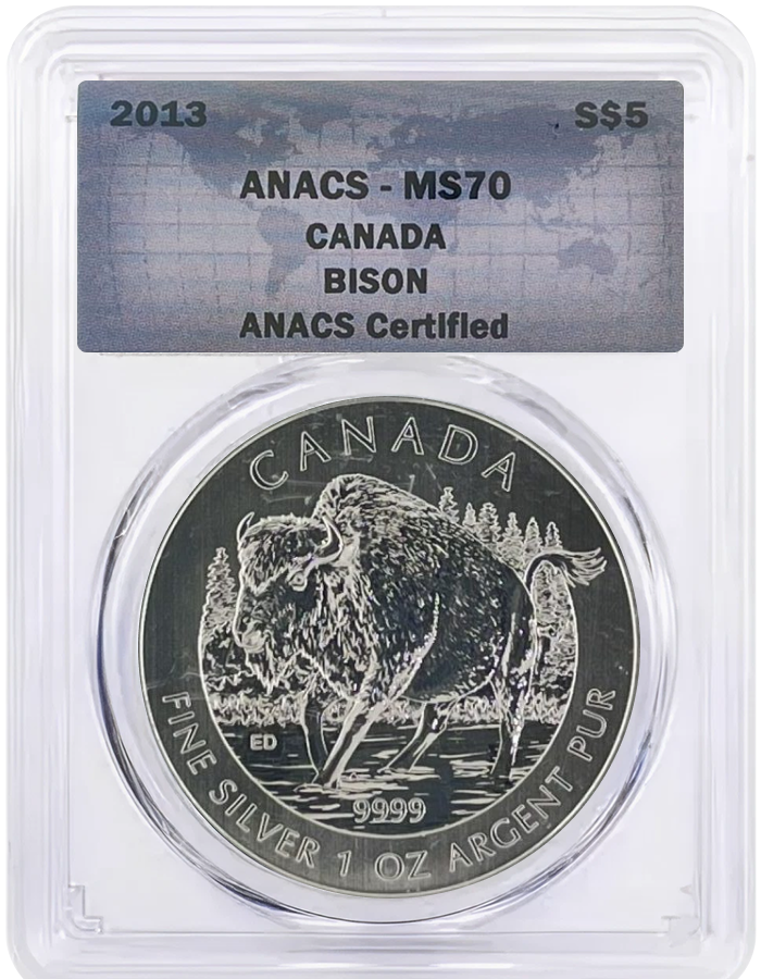 canada-1-oz-silver-wildlife-series-wood-bison-ms70-anacs-front-2013-img 2013 Canada 1 oz Silver Wildlife Series Wood Bison MS70 ANACS - Image 1